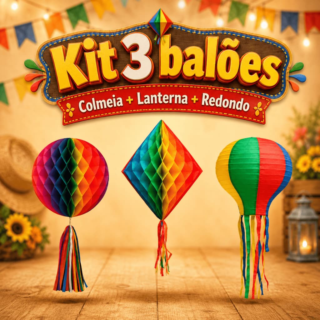 Kit  Decoração Festa Junina 3  6 9 balões  Colmeia redondo,  Colmeia e Lanterna São joão