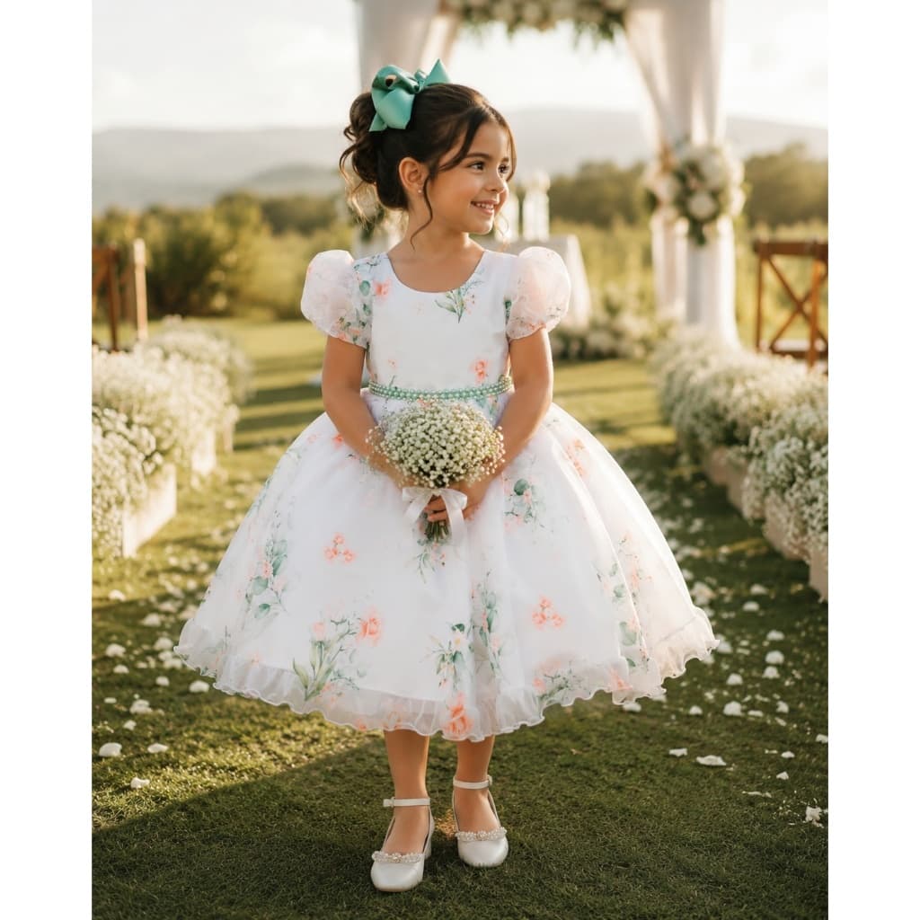 Vestido Daminha Batizado Floral Infantil Luxo Verde Oliva Florista Casamento Menina de 1 a 12 anos