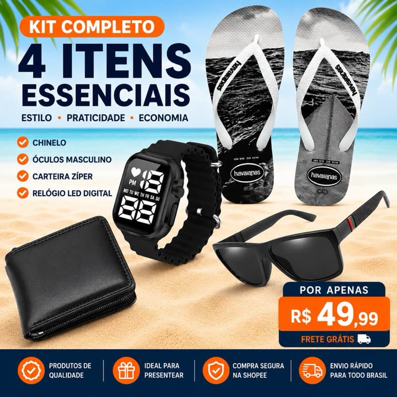 Relógio Masculino + Carteira Masculina + Óculos e Chinelo Masculino | Kit Masculino com 4 Itens