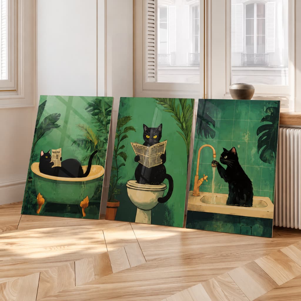 Kit 3 Quadros Decorativos Gato Preto Banheiro Vintage Retrô Engraçado Lavabo
