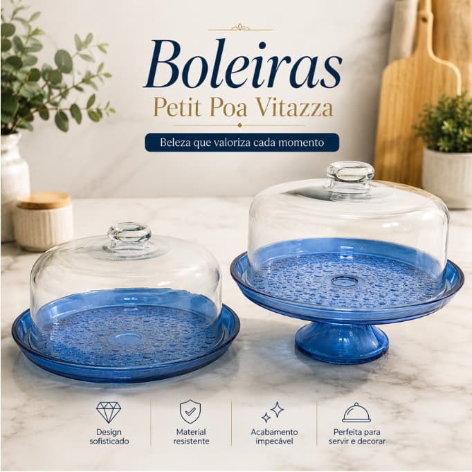 Boleiras de Vidro Petit Poa Vitazza com Tampa Porta Bolo Elegante Mesa Posta Conjunto Cores Variadas