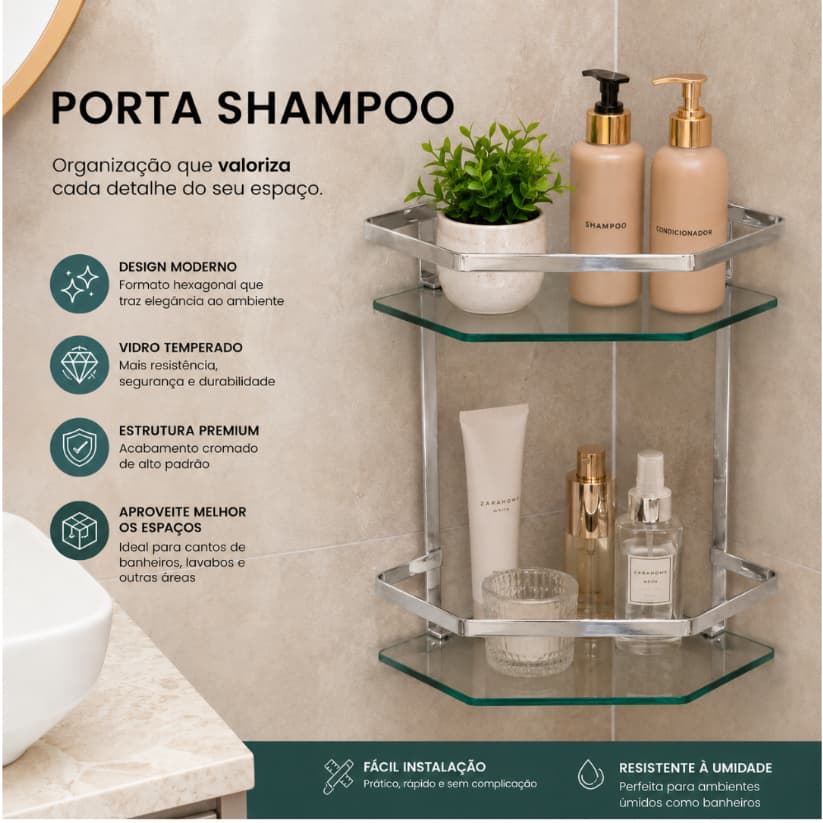 Porta Shampoo Para Banheiro De Canto Exclusivo Diamante Duplo Vidro 6mm