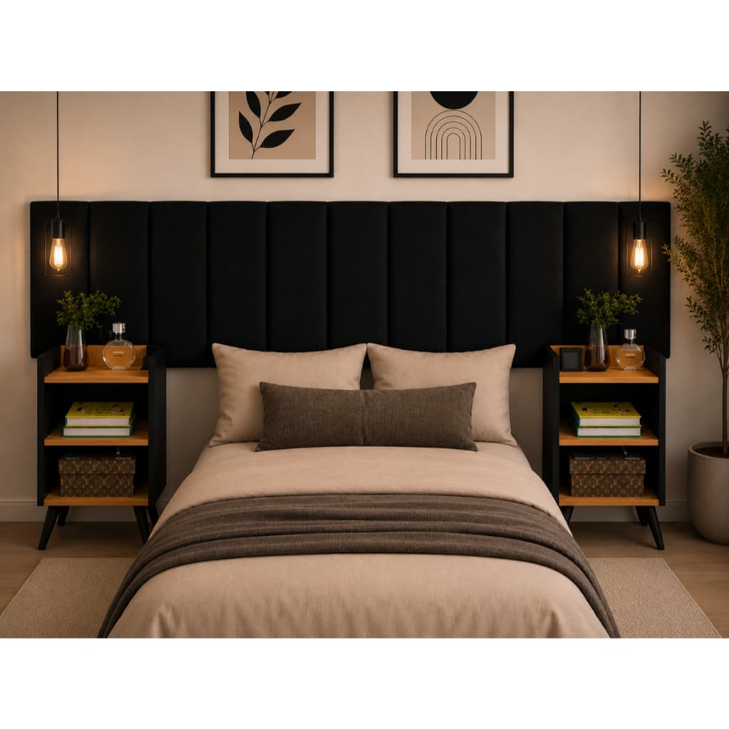 Conjunto para Quarto com 2 Mesas de Cabeceira Retrô e Cabeceira Modular Adesiva Estofada Cama