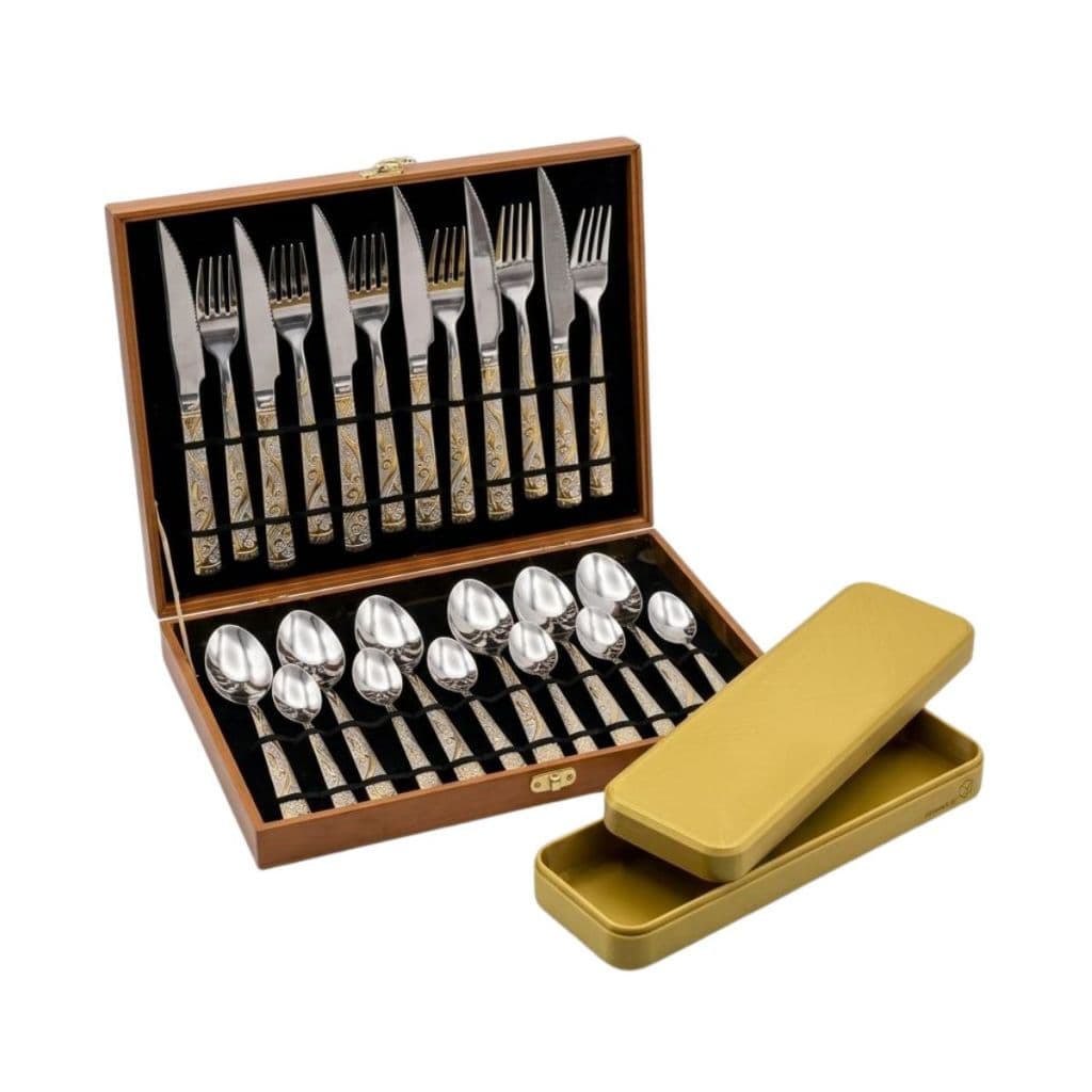 Kit Faqueiro Maleta Dourada 24 Peças Inox Com Porta Talher