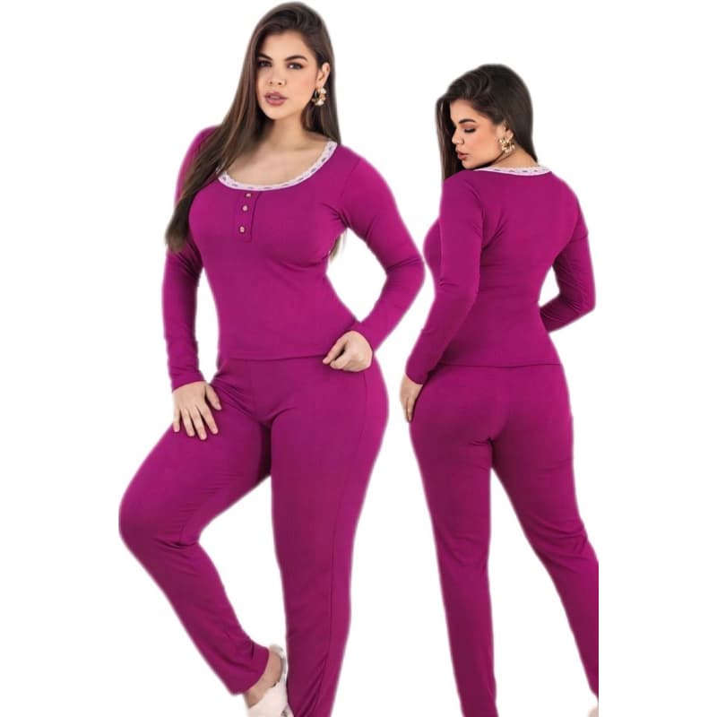Pijama Feminino Manga Longa Inverno Frio Canelado Malha