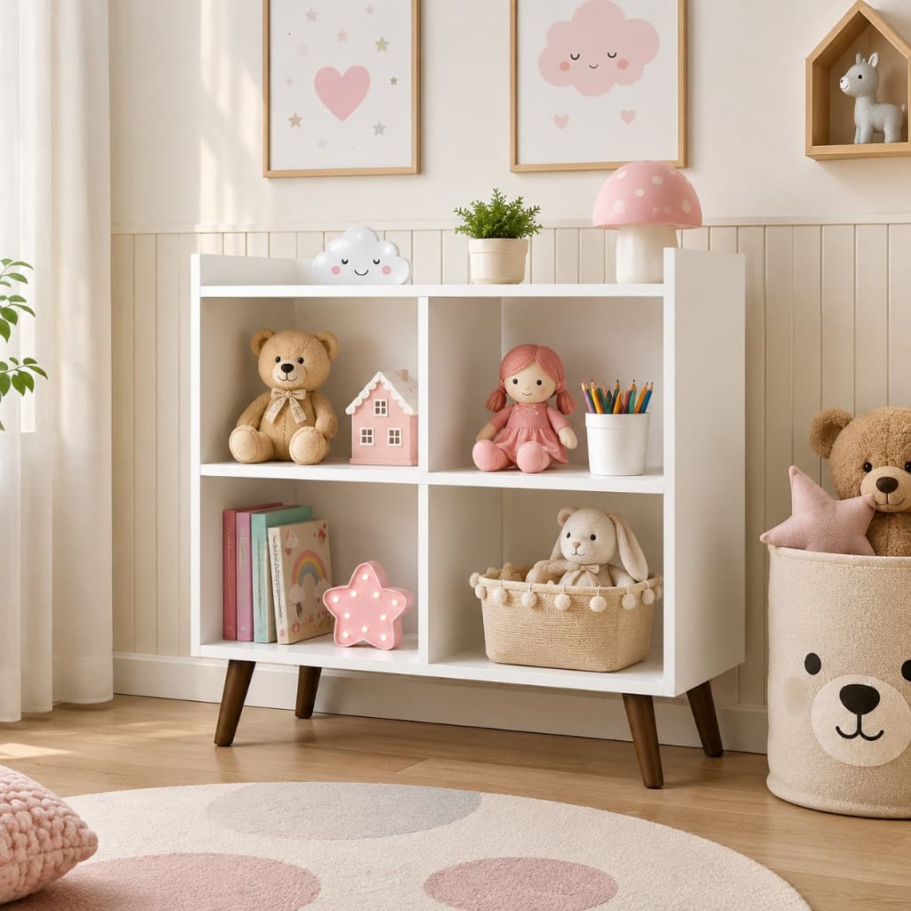 Organizador Infantil Multiuso 4 Nichos Branco em MDP 12mm para Brinquedos e Bonecas