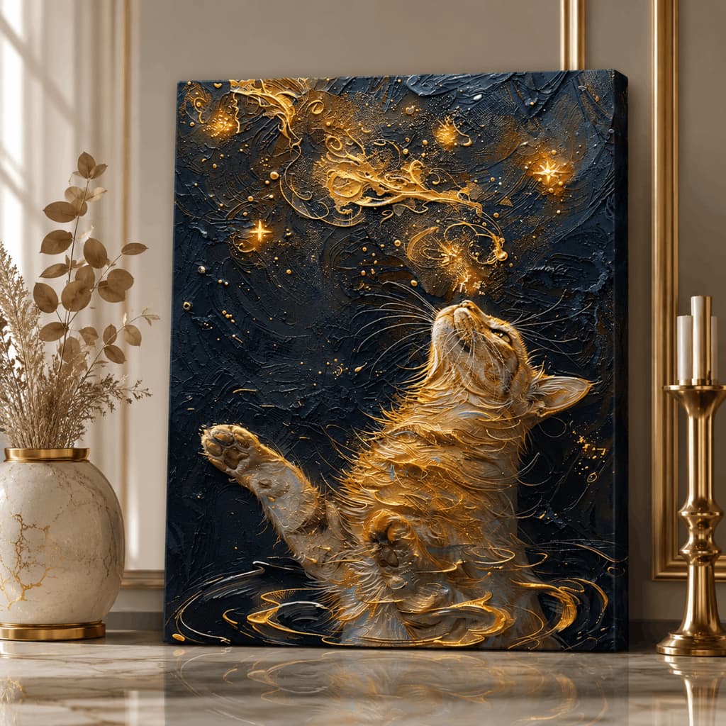 Quadro Decorativo Gato Dourado Abstrato Moderno MDF Sala Quarto Escritório
