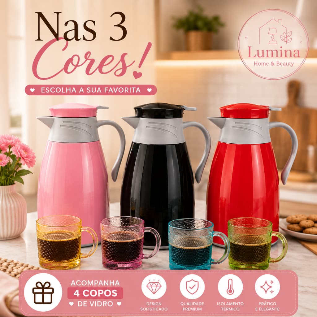 Conjunto Kit Garrafa Térmica 190ml + 4 Canecas de Vidro Coloridas – Rosa / Vemelha / Preta