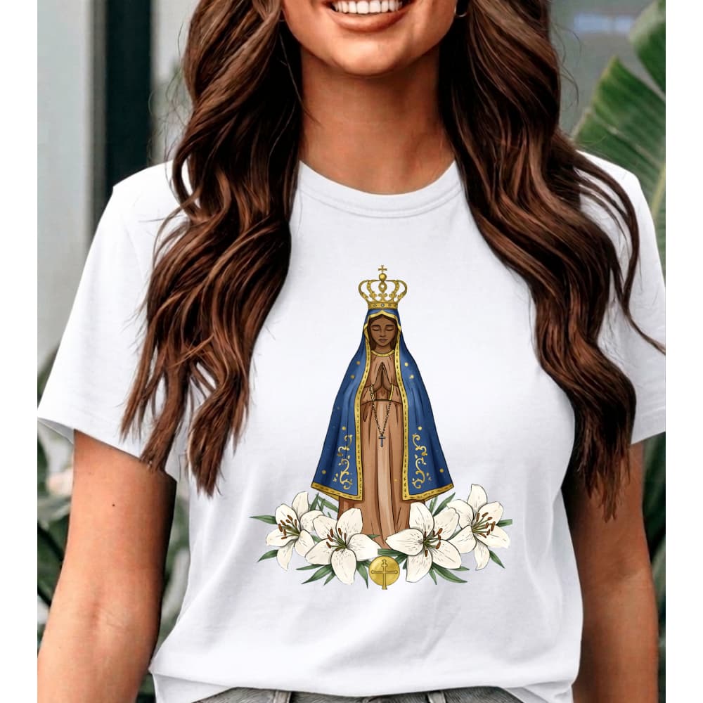 Camiseta Católica Crista Nossa Senhora Adulto e Infantil Unissex 100% Algodão - Lançamento