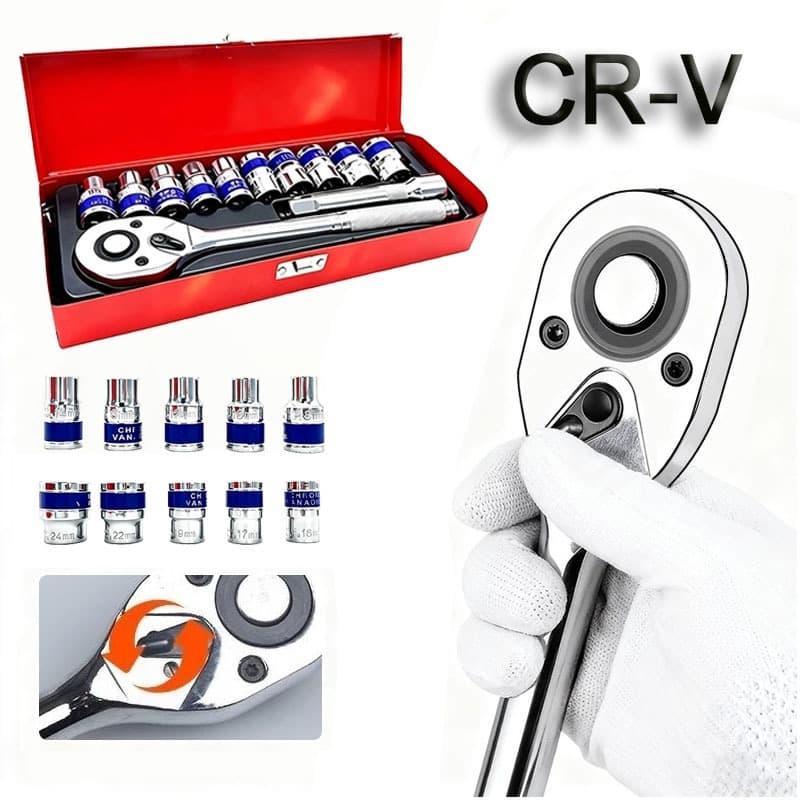 12 Peças Jogo De Chave Catraca Reversível Soquetes Aço Cromo Vanádio(CVR) Kit Ferramentas Mecanico