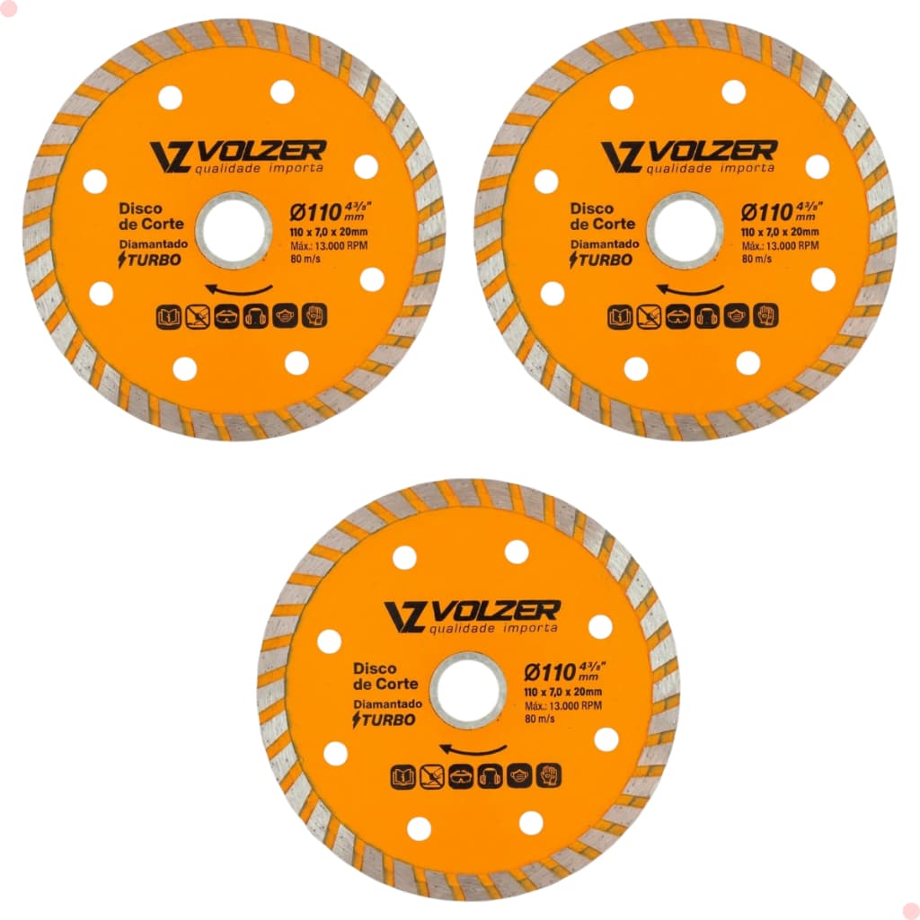 Kit 3 Discos de Corte Diamantado Turbo 110mm Para Serra Mármore Volzer