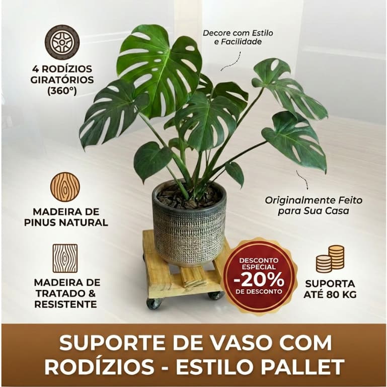 Suporte para Vaso Botijão Quadrado 20 cm Universal em Pinus Resistente Premium Domestico Plantas Rodinhas Resistentes