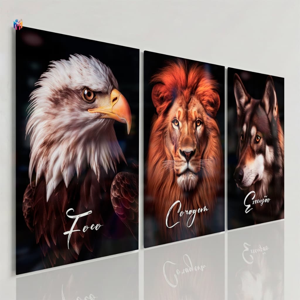 Quadro Decorativo Leão Execução Águia Foco Disciplina Lobo Frase Motivação Sala Quarto Empresa Luxo