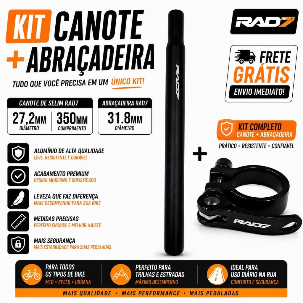 CANOTE DE SELIM RAD7 27,2 MM ALUMÍNIO S/ CARRINHO 350MM + ABRAÇADEIRA 31.8MM