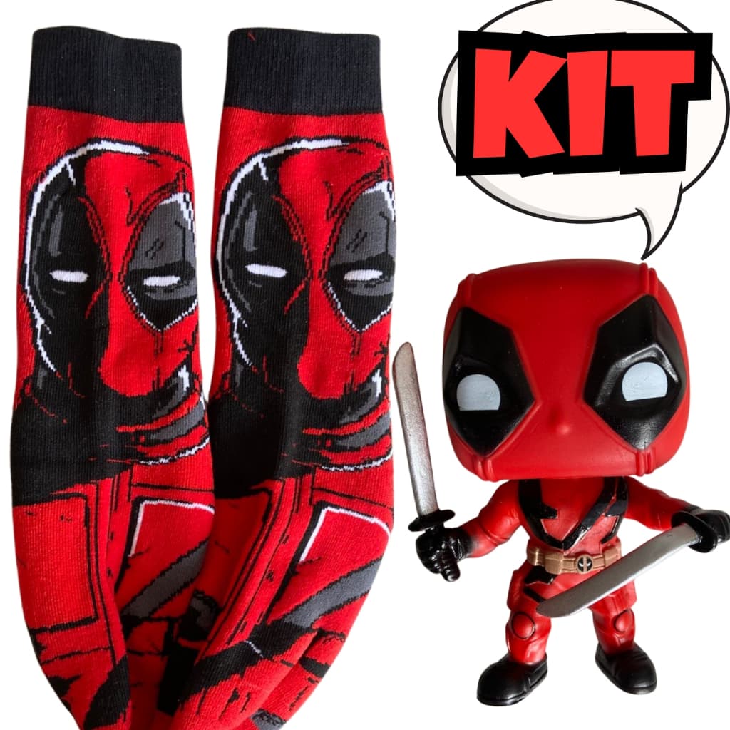 Kit Deadpool Boneco Colecionável + Meia Cano Alto Geek Marvel