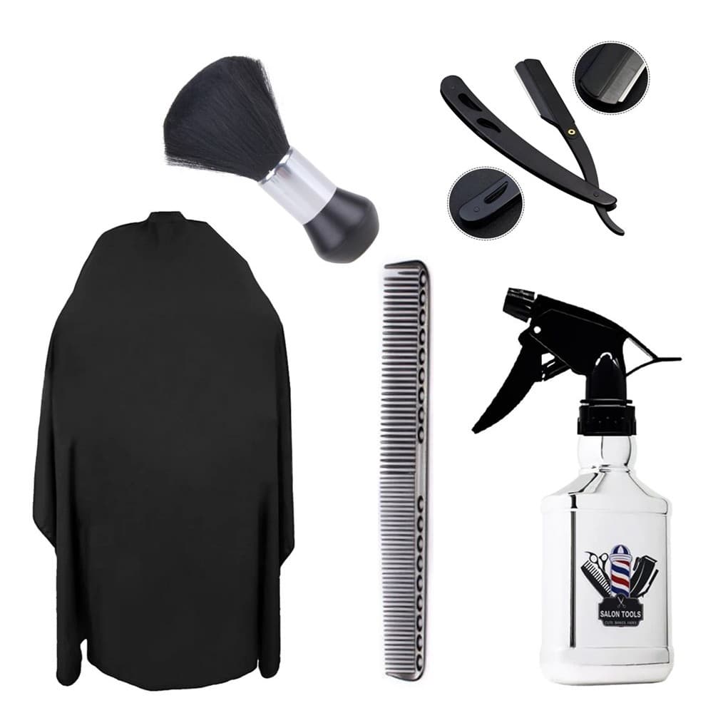 Kit Barbeiro: Espanador, Navalhete, Pente Aço Inoxidável, Borrifador e Capa Corte Cabelo