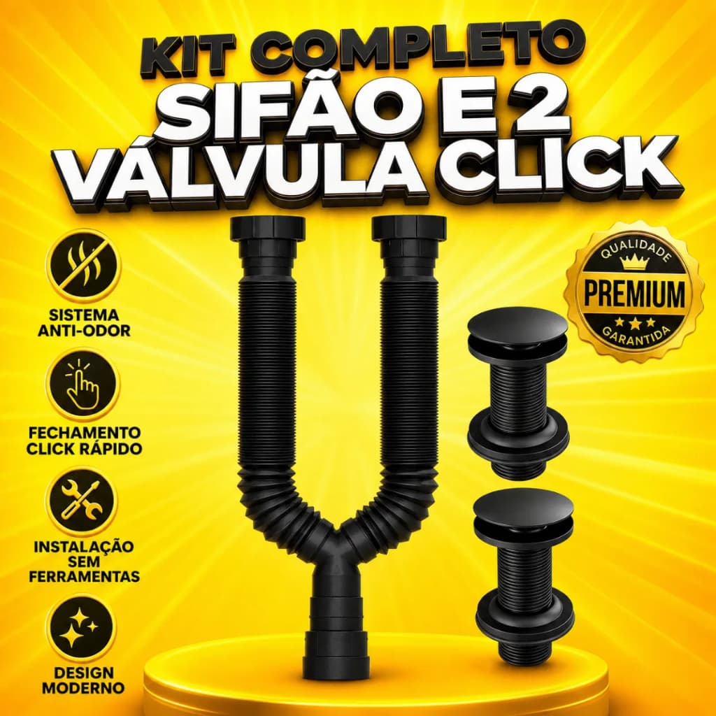 Sifão Sanfonado Duplo Preto + 2 Válvula Click Pia Lavatório e Tanque PVC Preta Kit Cifao Duplo Sifrao Lavabo