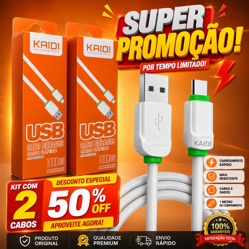 Kit 2 Cabos Tipo C Original Kaidi Reforçado Carregamento Turbo e Dados Rápido