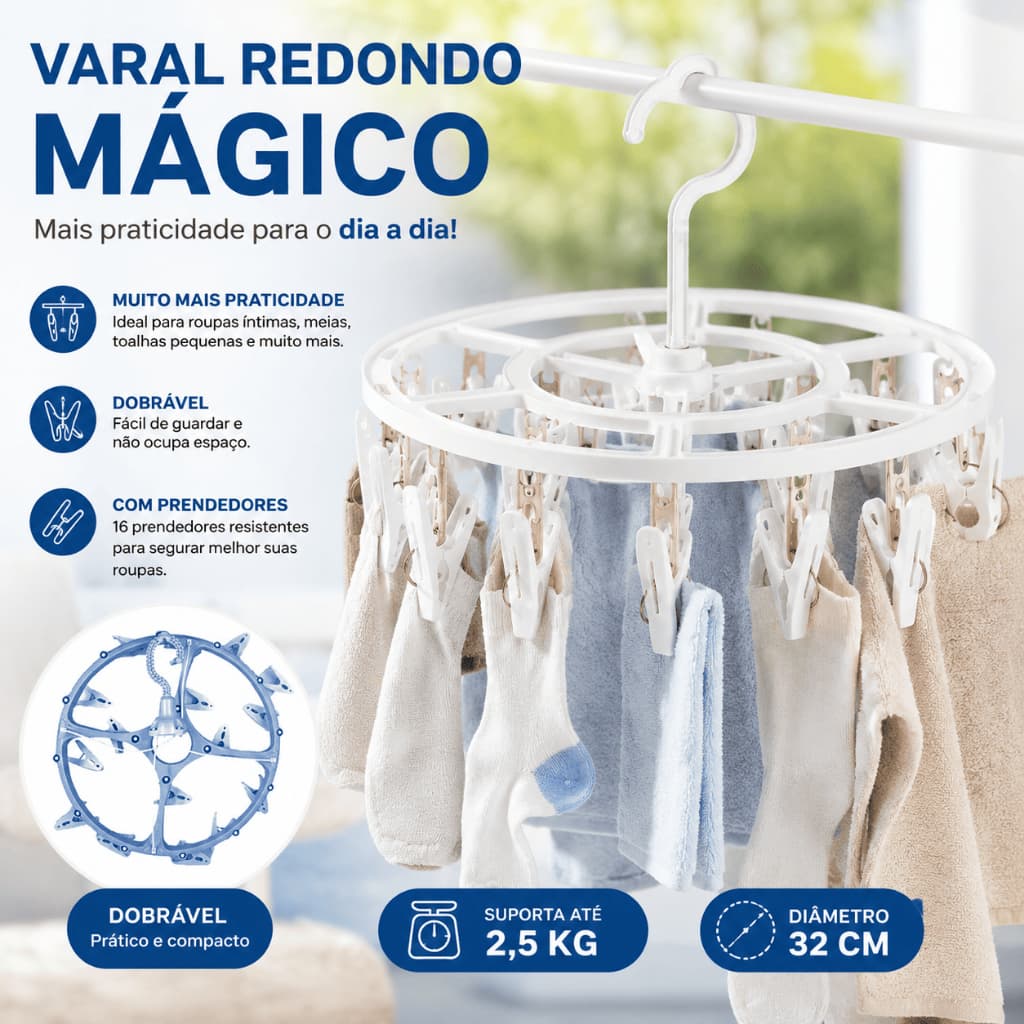Varal Redondo 16 Prendedores Lavanderia Externo Suspenso Peças Banheiro Íntimas Roupa leves Giratório