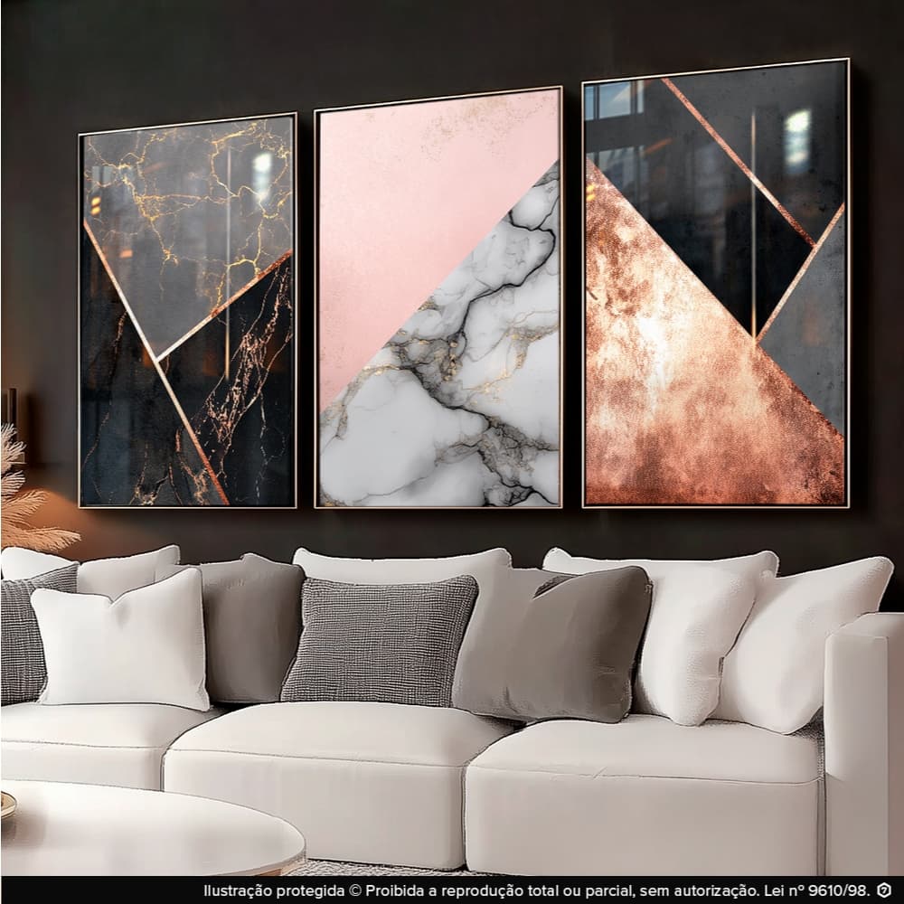 Quadros Decorativos Abstrato Geométrico Marmorizado Preto Rose Gold Sala 3 Peças