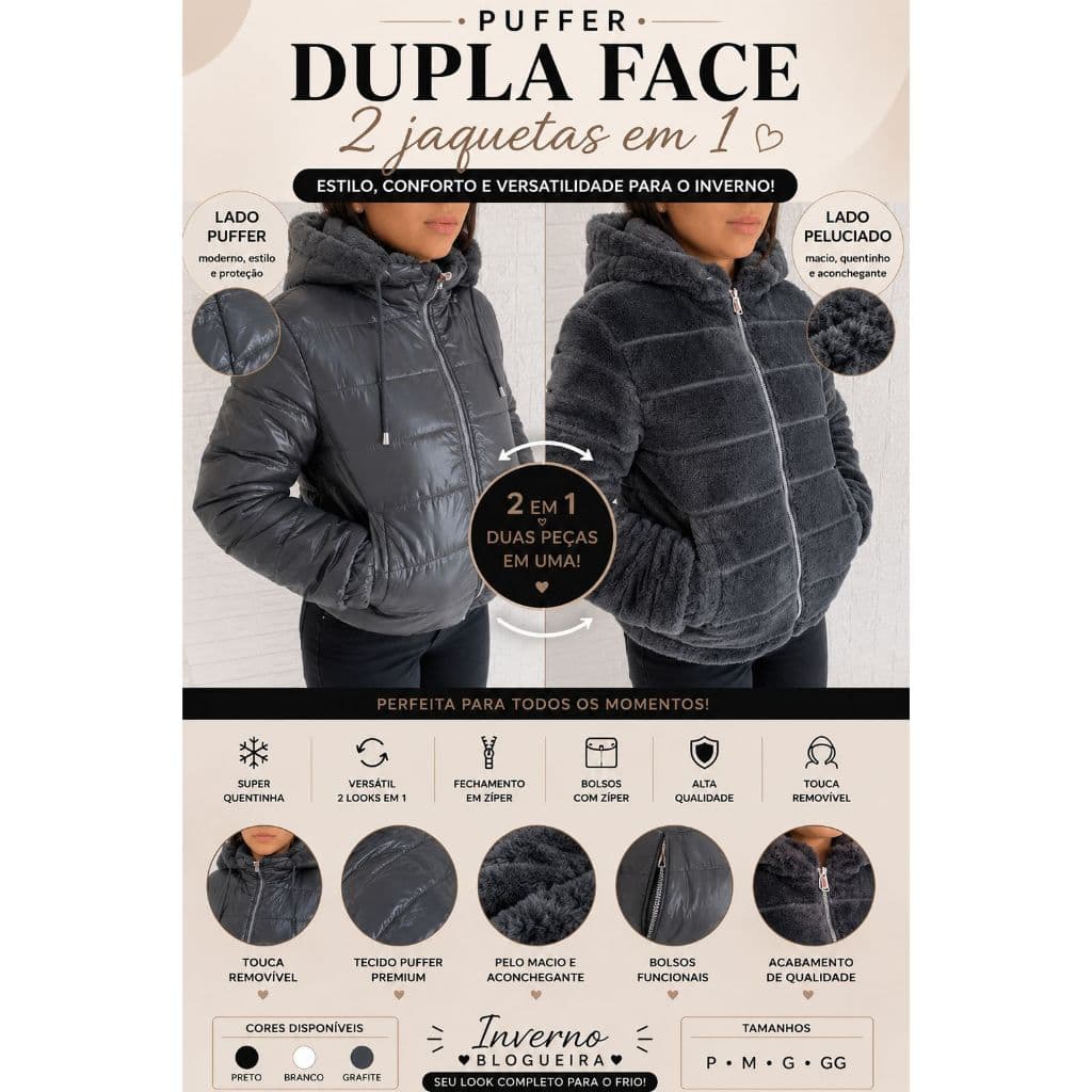 Blusa de Frio Feminina Jaqueta Puffer Brilhosa Dupla Face Inverno Blogueira