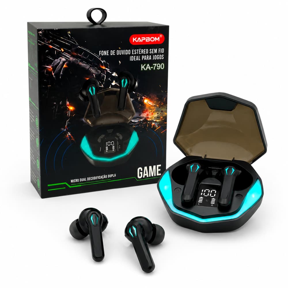 Fone Gamer Bluetooth Kapbom KA-790 TWS Som 3D Sem Delay Display Digital Microfone