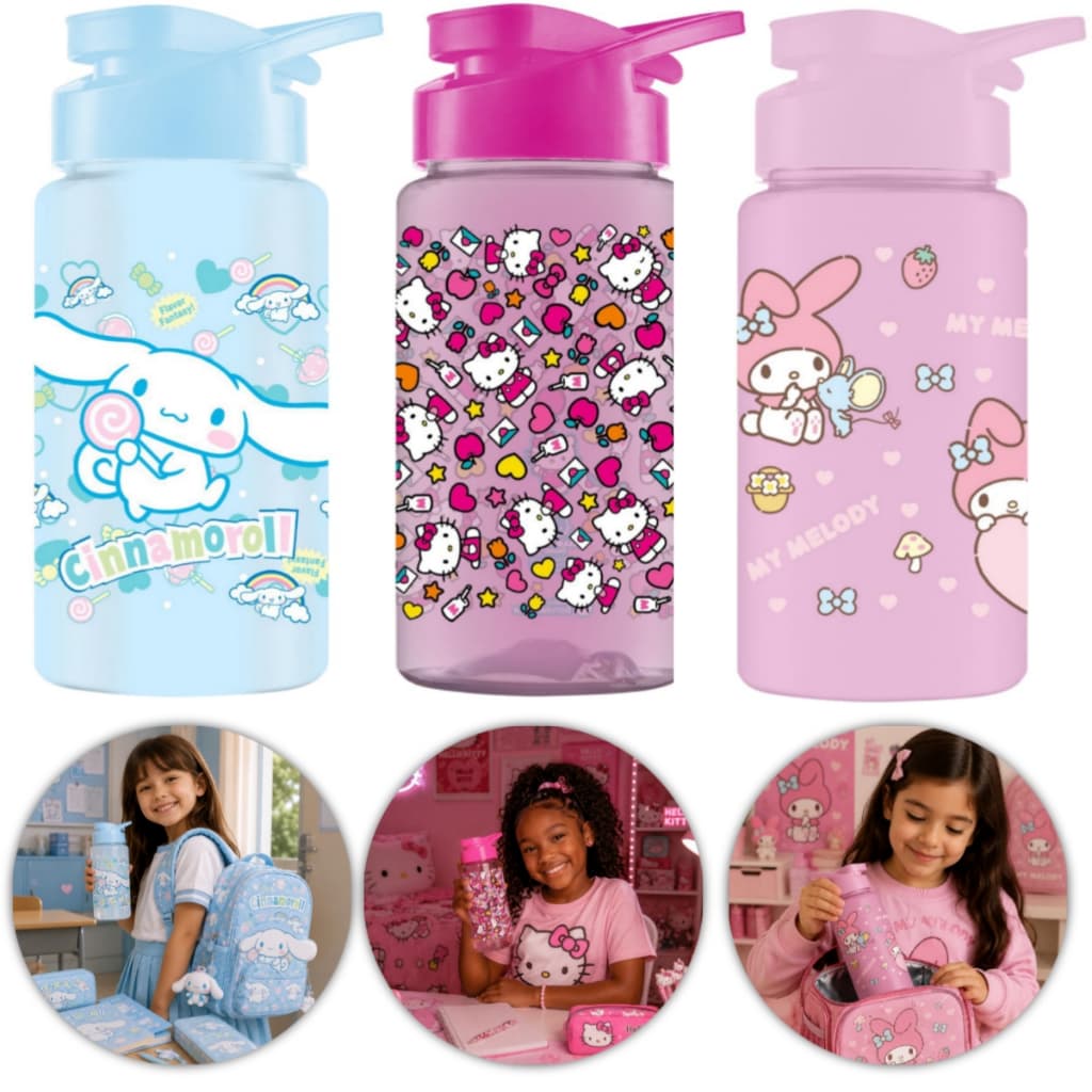 Garrafa Squeeze Hello Kitty Cinnamoroll My Melody 500ml Plástico