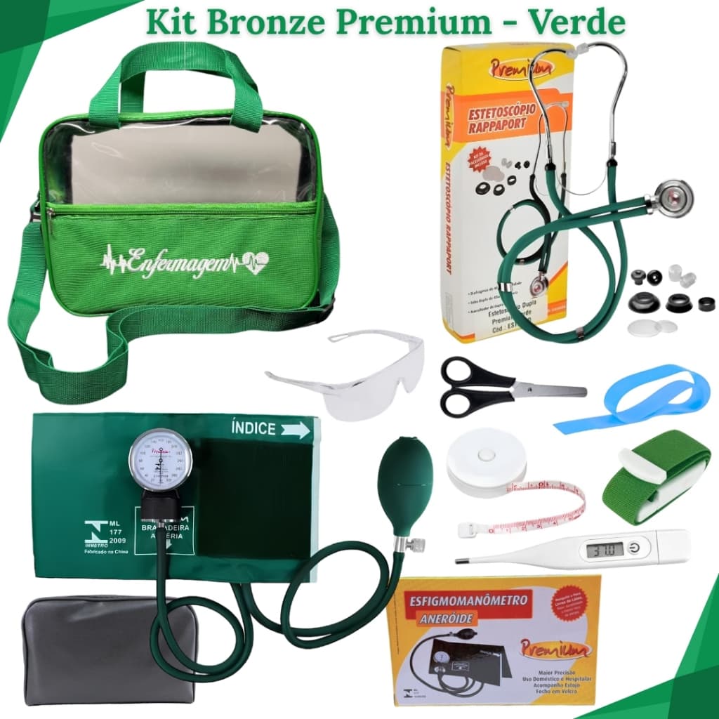 Material de Bolso com Aparelho de Pressão, Esteto Duplo, Acessórios, Garrote de Trava e Fita Métrica  - Bronze