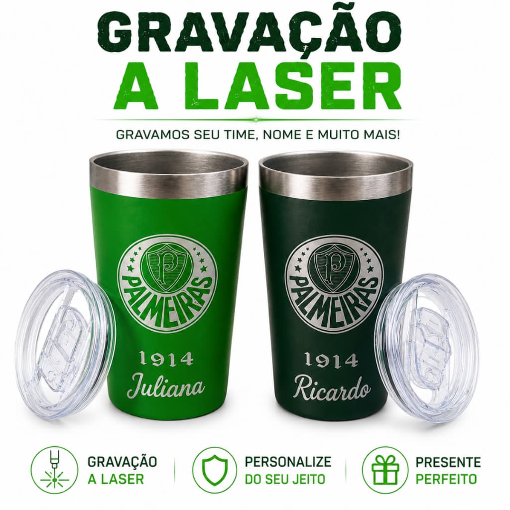 Copo Do Palmeiras Personalizado Verde com tampa 350ml