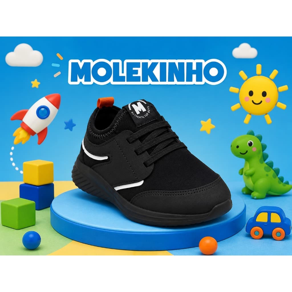TÊNIS INFANTIL MOLEKINHO JUVENIL PRETO, CASUAL, CALCE FACIL, CONFORTÁVEL LEVE E ESTILOSO PARA O DIA A DIA