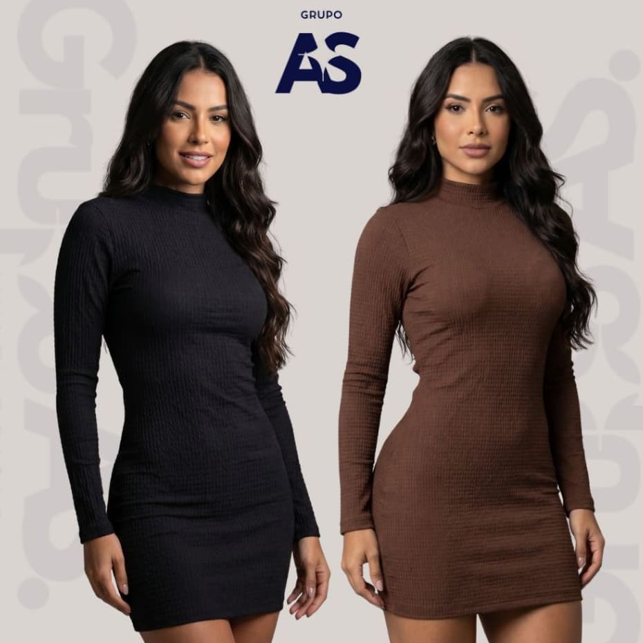 Kit 2 Vestido Gola Alta - Tecido Anarruga Elegante Moda Feminina Trend Nova Influencer