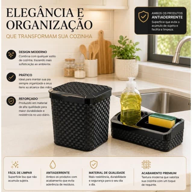 Kit Lixeira Rattan 5 Litros com Tampa e Porta Detergente Preto Premium -Arqplast