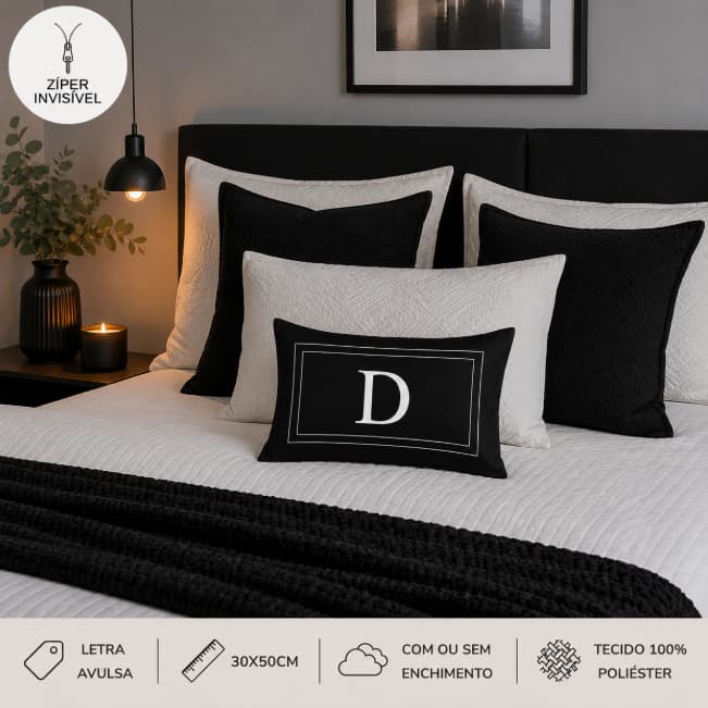 Capa Para Almofada Avulsa Letra Inicial Alfabeto Personalizada Baguete Cama Posta Decorativa Preta 30x50cm