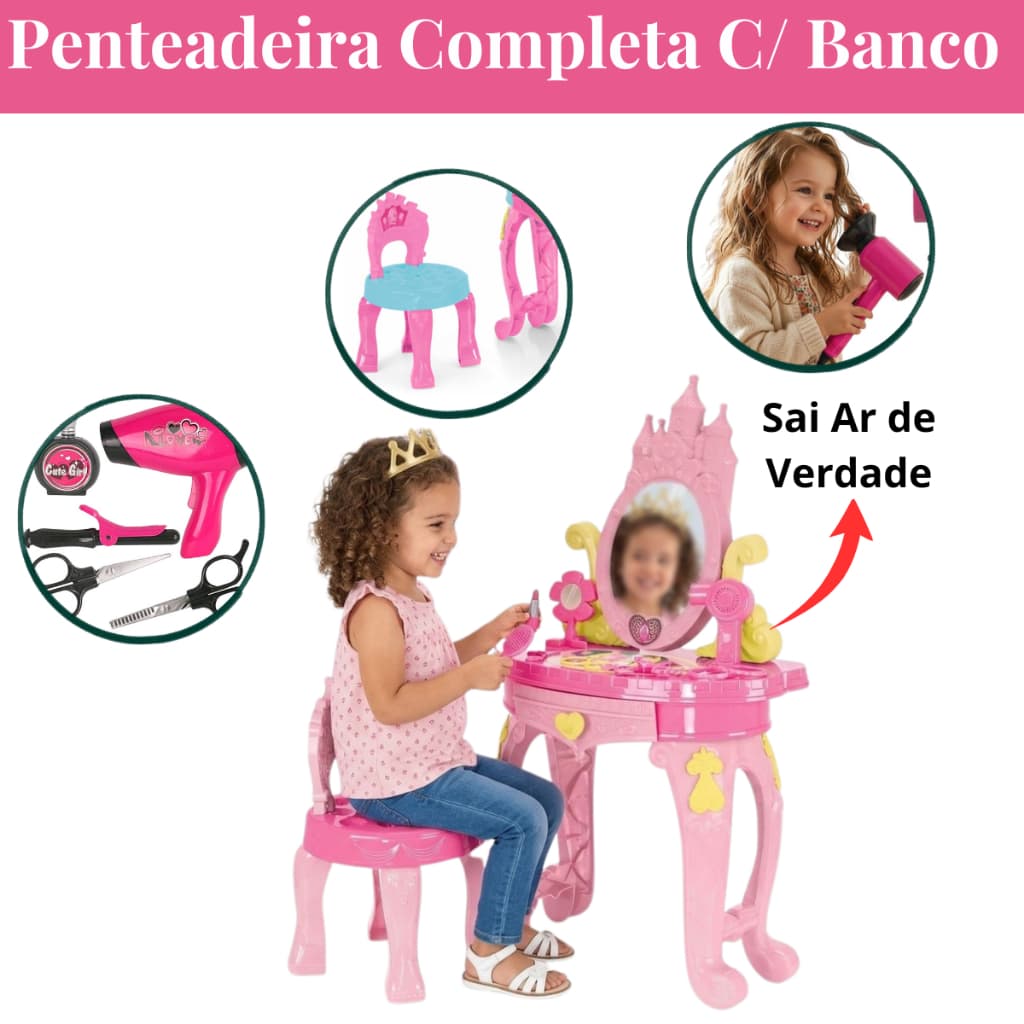 Conjunto Penteadeira da Princesa Faz de Conta Brinquedo Infantil 15 e 21 Peças Diversos Acessórios