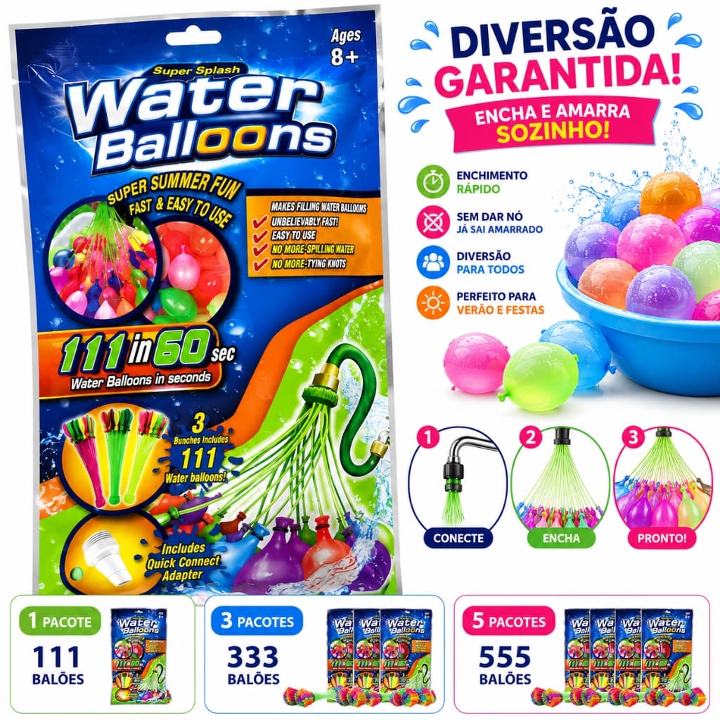 Balão de Água Splash Ball 111 Bexigas Enchimento Rápido Guerra de Balões Festa Verão Piscina Kit 1 3 ou 5 Pacotes