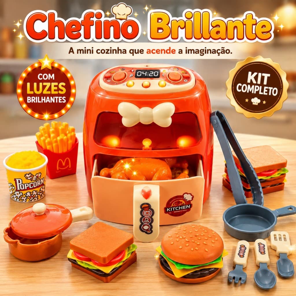 Mini Air Fryer Kids Infantil Com Luzes Kit Cozinha Brinquedo Educativo Faz De Conta +3 Anos