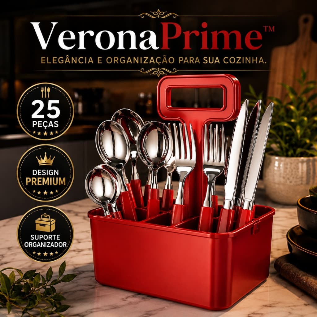 Conjunto Talheres VeronaPrime™ 25 Peças com Suporte Vermelho