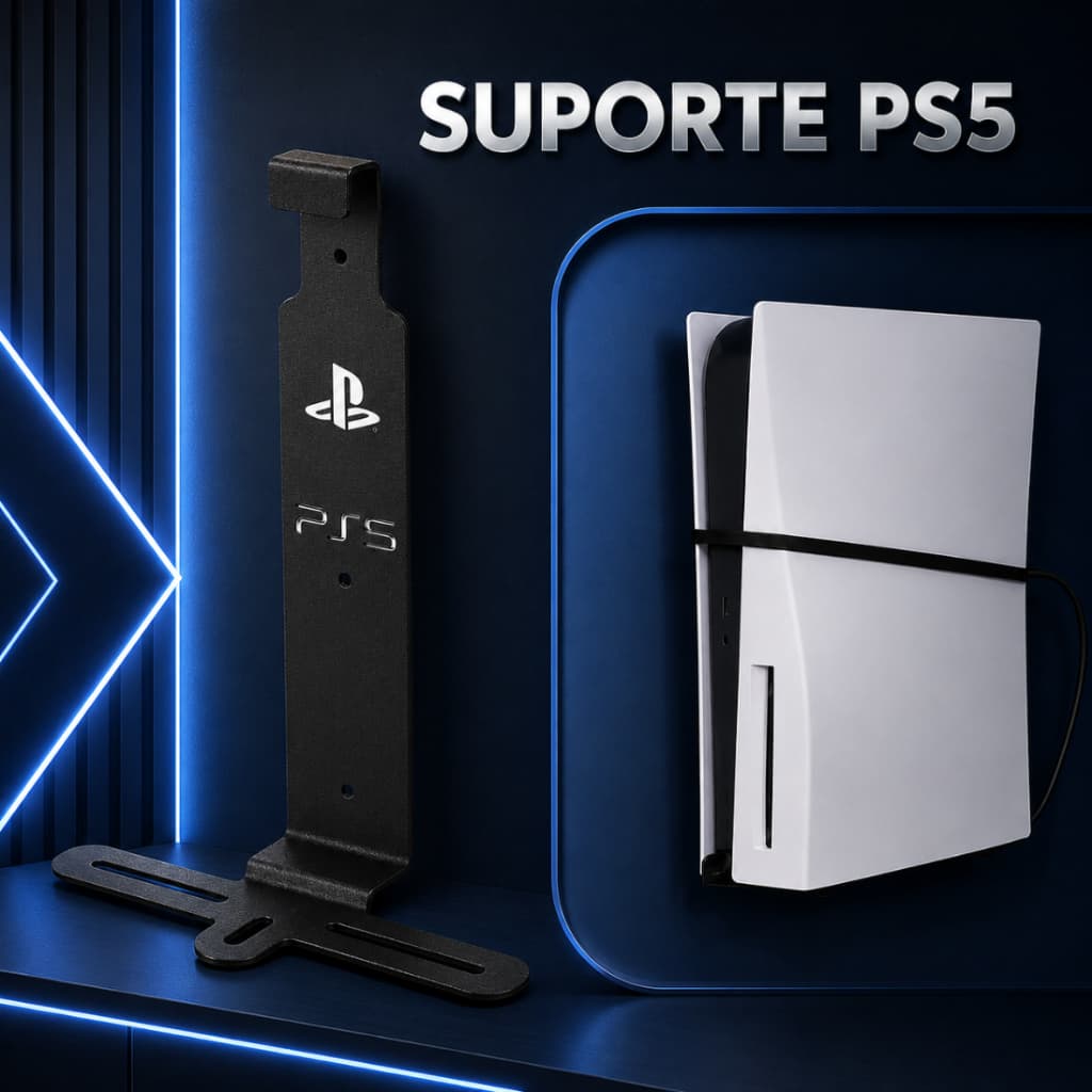 Suporte para PS5 Slim de Parede Invisível Flutuante em Aço Reforçado com Fixação Segura Compacto