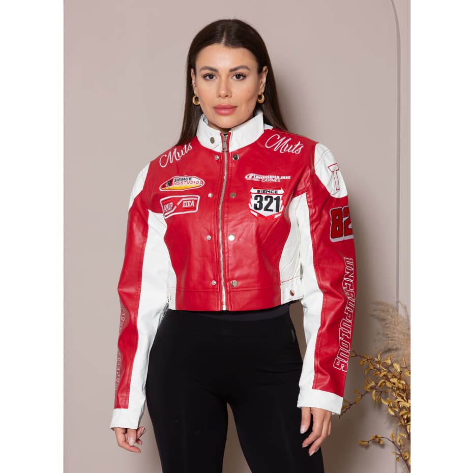 Jaqueta Biker Feminina Couro Ecológico Corta Vento Estilo Motoqueira Com Patches  Blogueira Cropped  Estilo Formula 1