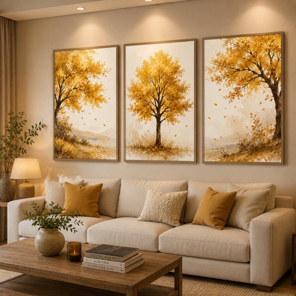 Kit 3 Quadros Árvores Douradas Paisagem Outono Decorativo