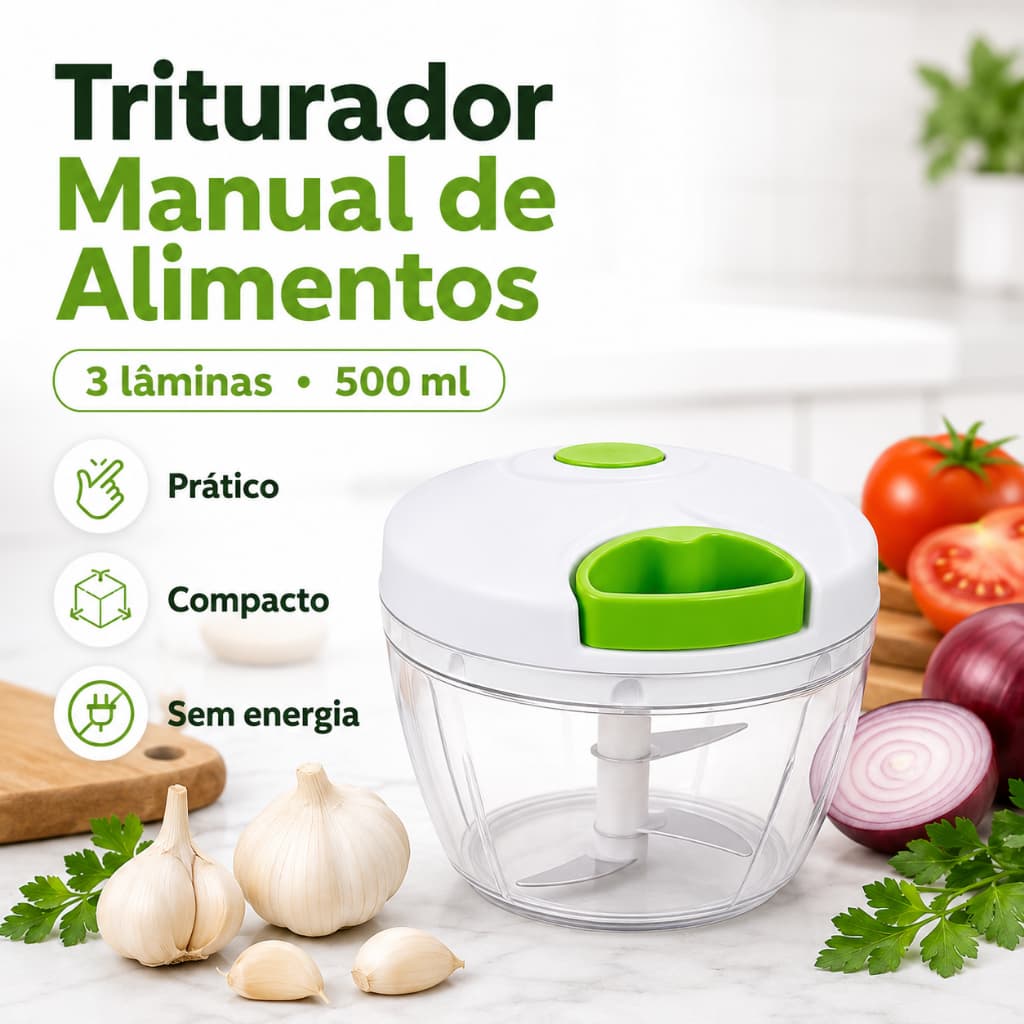 Processador Triturador de alimentos manual Grande 500ML 3 lâminas