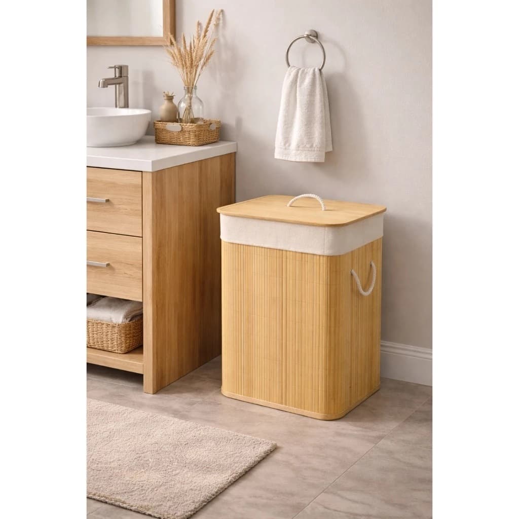 Cesto de Roupa Suja em Bambu 70L Grande Retangular Forrad, Ideal Banheiro Toalhas Roupas de Cama