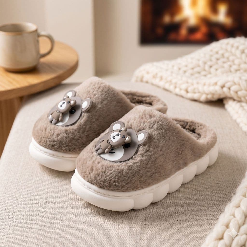 Pantufa Infantil Menino Urso 3D Pelúcia Antiderrapante Chinelo Quentinho Inverno