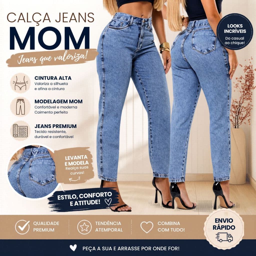Calça Feminina Jeans Mom Feminina Cintura Alta Marmorizada 100% Algodão Modelagem Premium