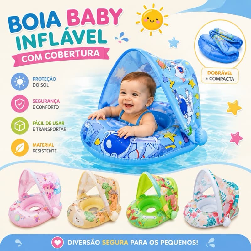 Boia com Cobertura Fralda Inflável Infantil Com Assento Bebe Brinquedo Piscina/Praia Guarda Sol. Pronta Entrega