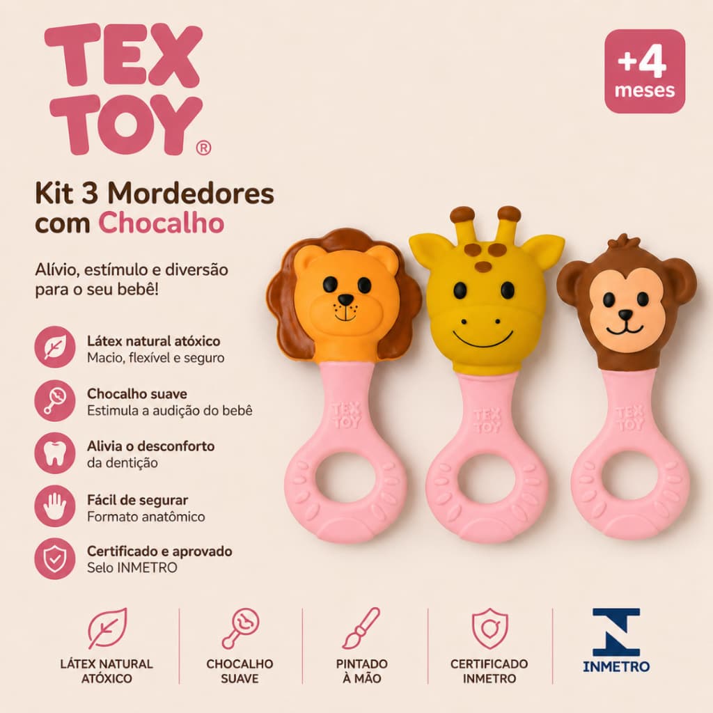 Kit 3 Mordedores com Chocalho em Látex Natural para Bebê Macaco Pintado à Mão Vila Toy Seguro Atóxico +4 Meses