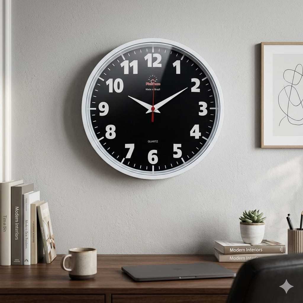 Relógio De Parede Grande Plashome Kappa Classico Branco Preto 28 Cm Sala Cozinha Escritório e Decoração Consultório