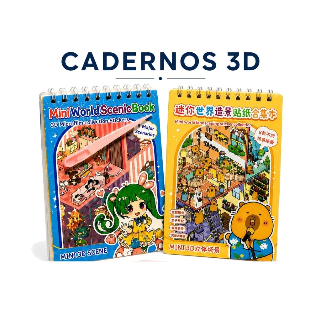Kit 2 Cadernos Adesivos 3D, Mini cenarios, Brinquedo criativo + Pinça