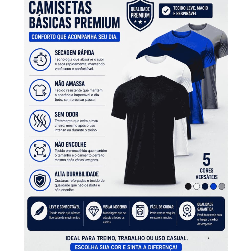 Kit 5 Camisetas Básicas Masculina Dry Fit Premium para Academia lisa Trabalho presente