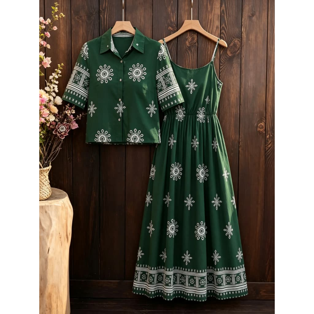Lady Conjunto De 2 Peças Vestido Longo Elegante Estampado E Camisa Manga Curta Feminina